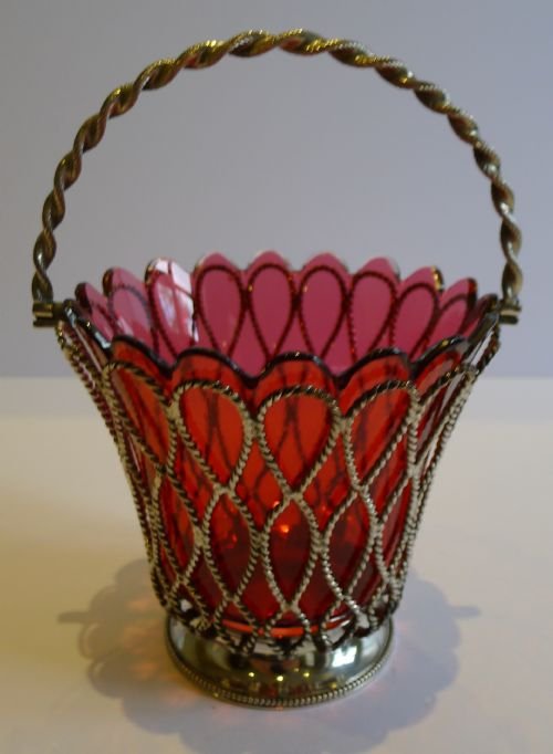 Stunning Antique English Silver Plate & Cranberry Glass Basket - 1881