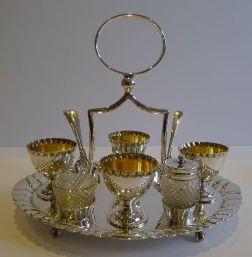 Unusual Silver Plated Egg Cruet for Four with Cut Glass Condiments by James Dixon & Son
