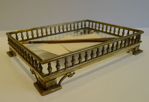 Smart Antique English Cast Brass & Glass Desk Tray C.1880