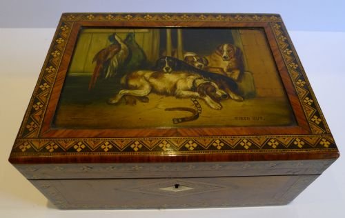 Rare Antique Parquetry / Tunbridge Inlaid Jewellery Box - Hand Painted Dog Panel - "Tired Out"