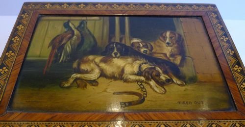 fig 1. Rare Antique Parquetry / Tunbridge Inlaid Jewellery Box - Hand Painted Dog Panel - 