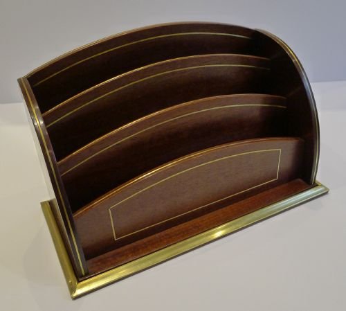 Antique French Mahogany & Brass Stationery Caddy / Letter Holder C.1900