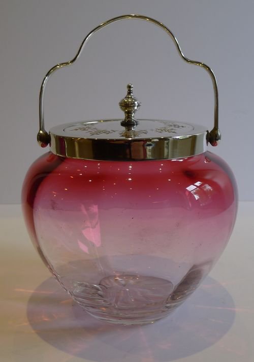 Elegant Antique English Cranberry to Clear Glass Biscuit Barrel or Jar C.1890