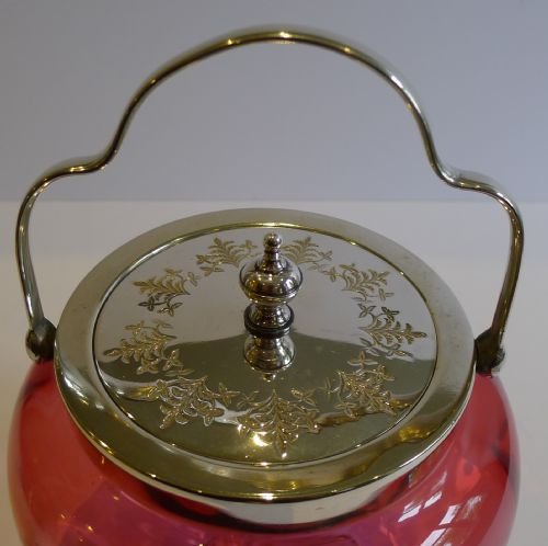 fig 1. Elegant Antique English Cranberry To Clear Glass Biscuit Barrel or Jar c.1890