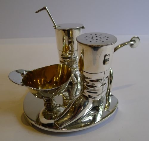 Antique English Novelty Silverplate Cruet Set - Horseshoe / Jockey C.1880