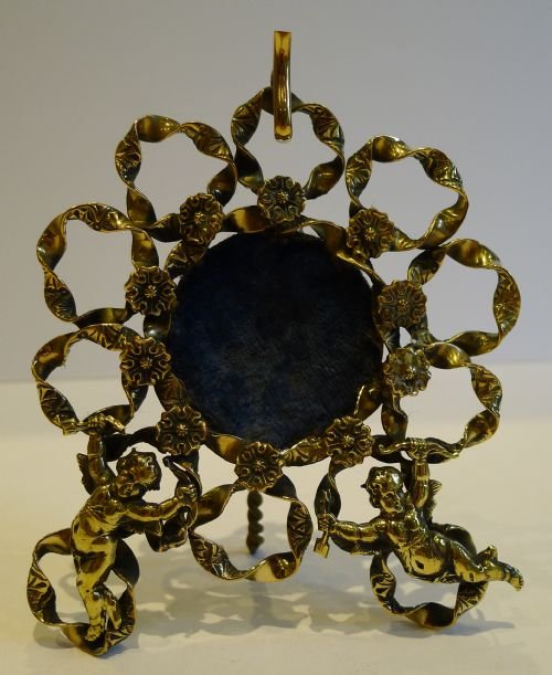 Pretty Antique English Brass Pocket Watch Holder - Cherubs, C.1880