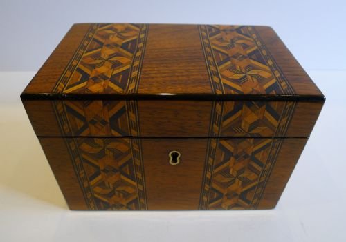 Handsome Antique English Parquetry Inlaid Walnut Tea Caddy C.1860