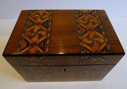 fig 1. Handsome Antique English Parquetry Inlaid Walnut Tea Caddy c.1860