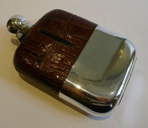 fig 1. Handsome Large Crocodile / Alligator Skin and Silver Plated Hip Flask c.1910