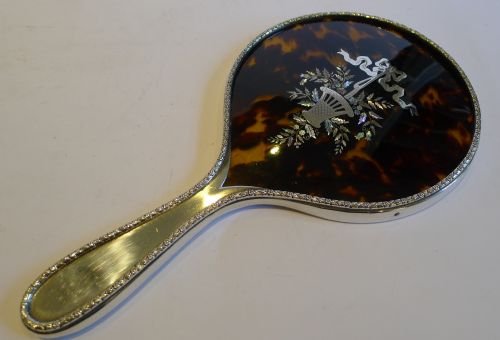 fig 1. Fabulous English Sterling Silver & Tortoise Shell Hand Mirror - Exquisite Inlay