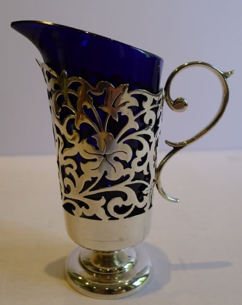 Small Antique Sterling Silver & Bristol Blue Glass Milk Jug / Pitcher / Creamer - 1905