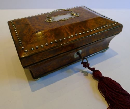 Antique French Palais Royale Sewing Box in Burr Yew - 800 Silver Contents C.1840