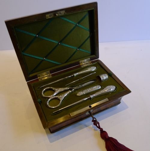 fig 1. Antique French Palais Royale Sewing Box in Burr Yew - 800 Silver Contents c.1840