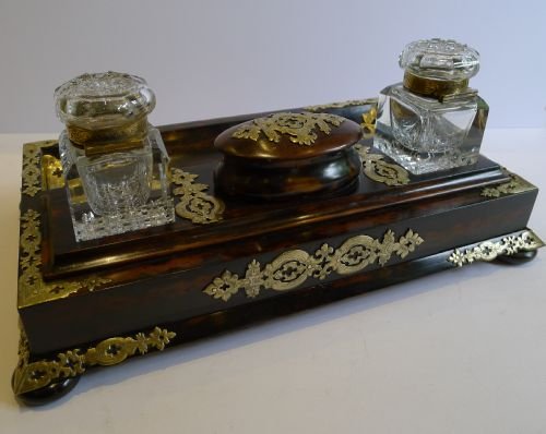 fig 1. Stunning Brass Mounted Coromandel Desk Set / Inkstand / Inkwells c.1870