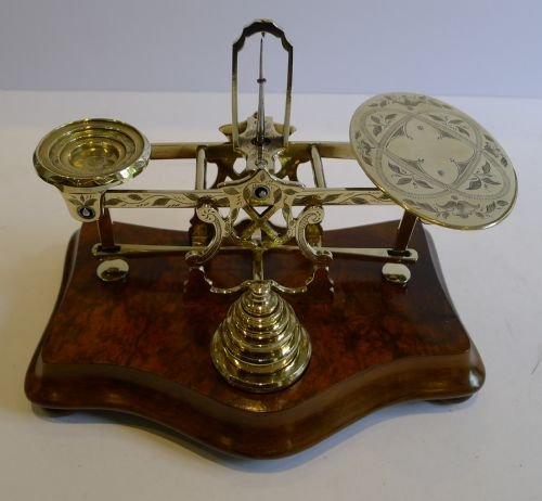Top Notch Burl Walnut & Engraved Brass Postage Scale by Samson Mordan C.1880