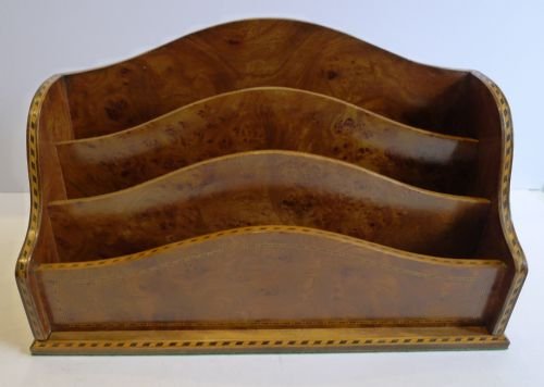 Antique Burr Yew Stationery Rack / Letter Holder - Ebony and Boxwood Inlay C.1900
