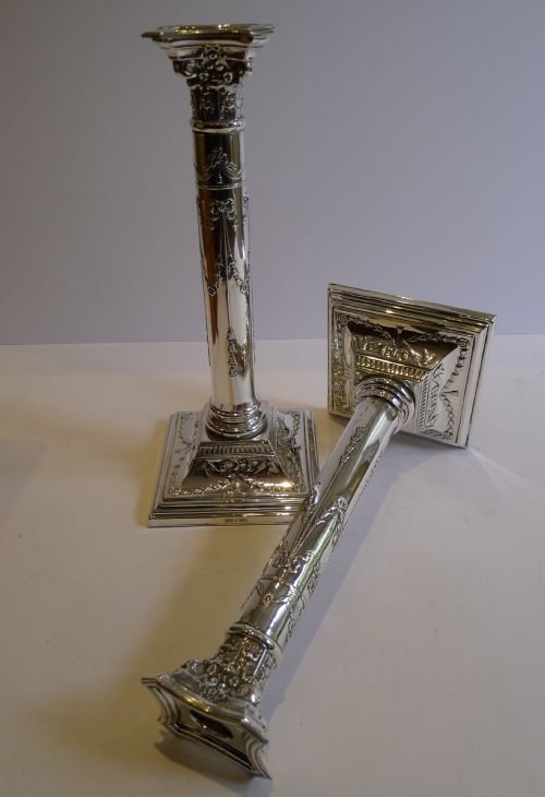 Pair Antique English Silver Plated Candlesticks - Ribbon & Bow Garlands C.1900