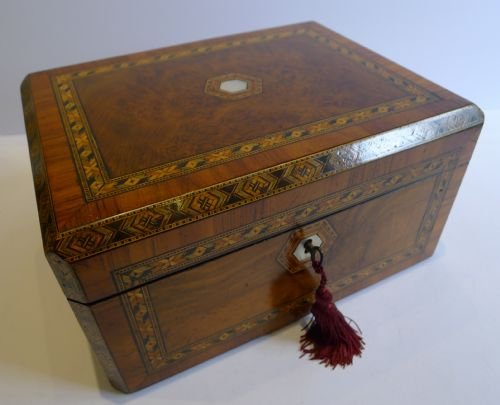 Antique English Parquetry Inlaid Walnut Writing Slope / Lap Desk C.1860