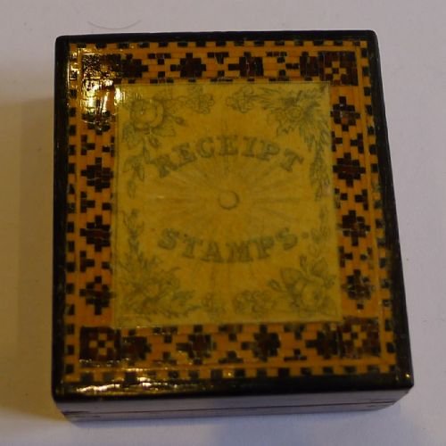 Antique English Tunbridge Ware " Receipt Stamps " Box C.1870