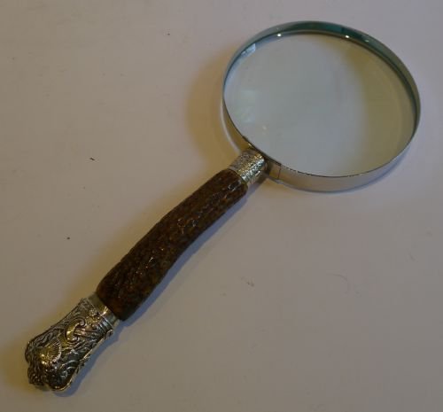 Antique Antler & Sterling Silver Handled Magnifying Glass - 1881