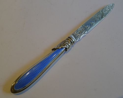 Antique English Sterling Silver & Blue Guilloche Enamel Letter Opener

