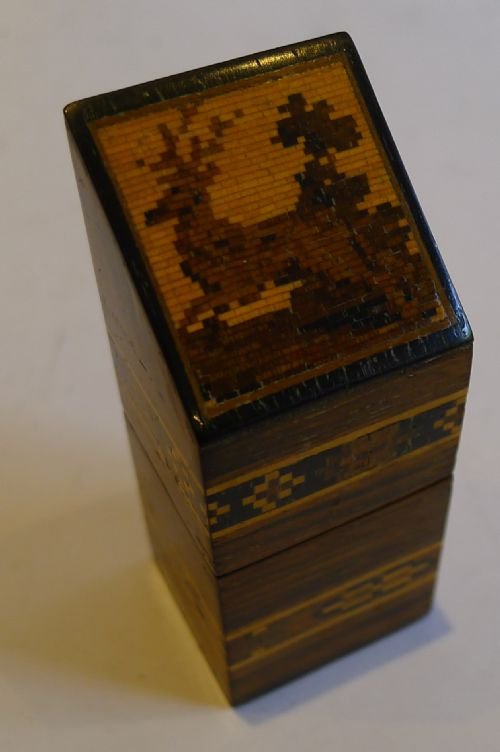 Rare Figural Antique English Tunbridge Ware Needles Box - Stag