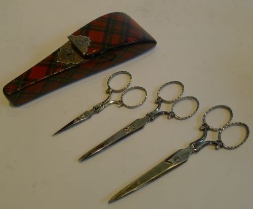 Scarce Antique Mauchline Tartan Ware Scissors Box with Original Cut Steel Scissors