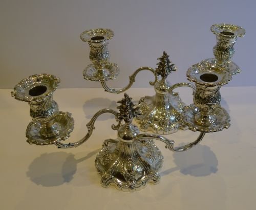 Stunning Pair English Silver Plated Candelabra - Floral Finials - Victorian C.1880