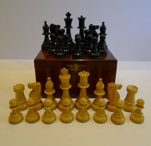 Large Antique English Weighted Boxwood Chess Set with Storage Box C.1910