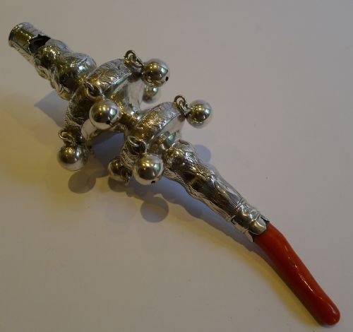 Magnificent Large Antique English Sterling Silver Baby's Rattle & Whistle - Coral Handle - 1847