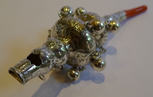 fig 1. Magnificent Large Antique English Sterling Silver Baby's Rattle & Whistle - Coral Handle - 1847