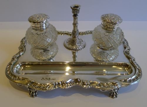 Superb Antique English Sterling Silver Inkstand / Standish / Inkwells - 1896