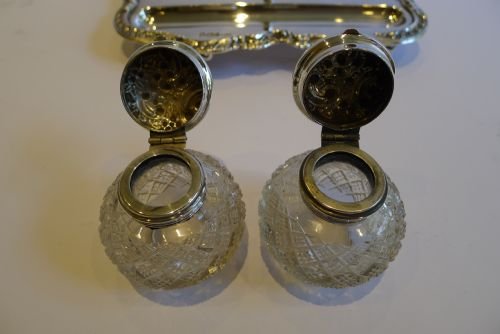fig 1. Superb Antique English Sterling Silver Inkstand / Standish / Inkwells - 1896