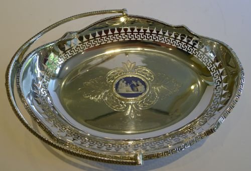 Unusual Victorian Silver Plated Basket - Blue Jasperware Plaque C.1870