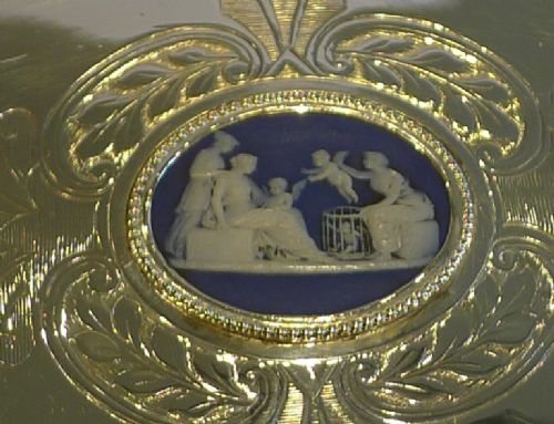 fig 1. Unusual Victorian Silver Plated Basket - Blue Jasperware Plaque c.1870