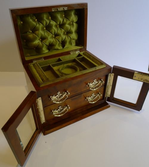 Stunning English Walnut Jewellery Box with Glazed Doors C.1900