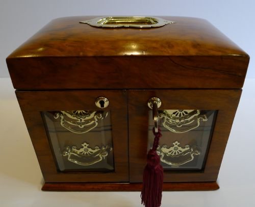 fig 1. Stunning English Walnut Jewellery Box With Glazed Doors c.1900
