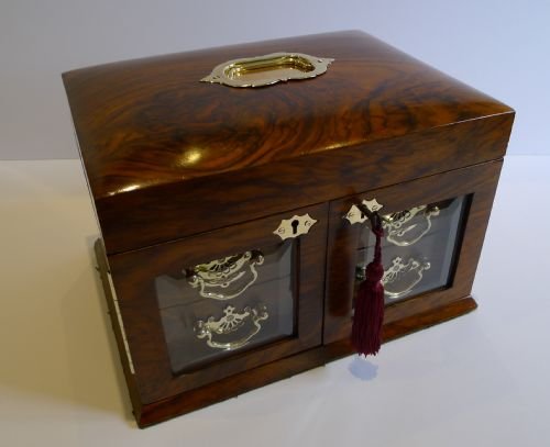 Large Antique English Walnut Jewellery Box / Cabinet - Bevelled Glass Doors C.1890