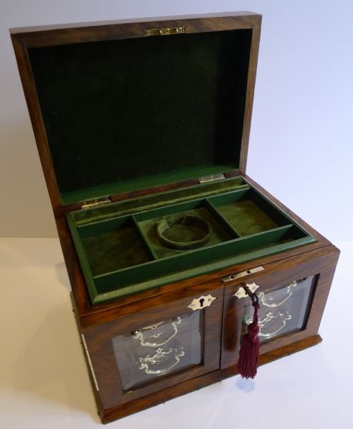 fig 1. Large Antique English Walnut Jewellery Box / Cabinet - Bevelled Glass Doors c.1890