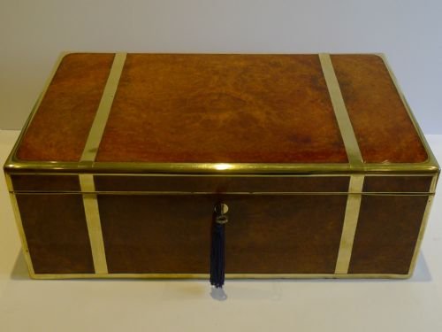 Rare Grand Anglo Indian Brass Bound Campaign Writing Slope / Lap Desk in Amboyna - Secret Drawers