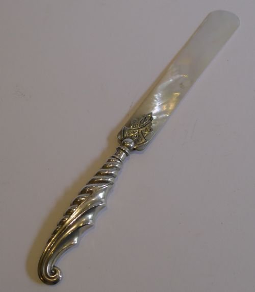 Ornate Antique English Silver and Mother of Pearl Page Turner / Paper Knife