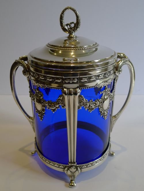 Magnificent Antique Wmf Art Nouveau Silver Plated Biscuit Box - Blue Glass Liner C.1910