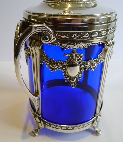 fig 1. Magnificent Antique WMF Art Nouveau Silver Plated Biscuit Box - Blue Glass Liner c.1910