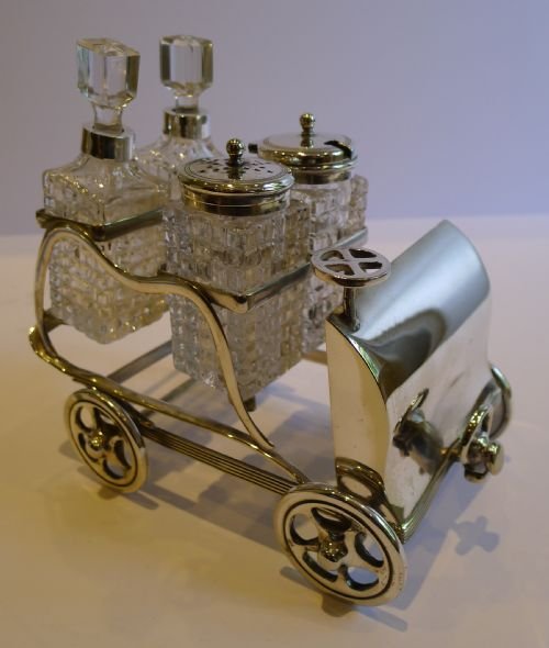 Rare Antique English Novelty Silver Plated Cruet or Condiment Set - Car - C.1900