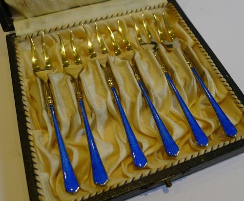 Boxed Set Six Silver Gilt & Guilloche Enamel Cocktail Forks - Import Mark - London 1925