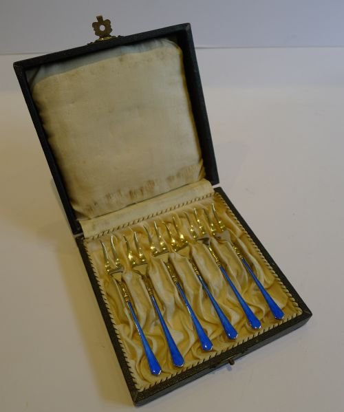 fig 1. Boxed Set Six Silver Gilt & Guilloche Enamel Cocktail Forks - Import Mark - London 1925