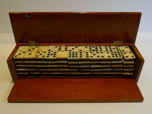 Antique English Boxed Set Bone & Ebony Wood Double Nines Dominoes C.1890