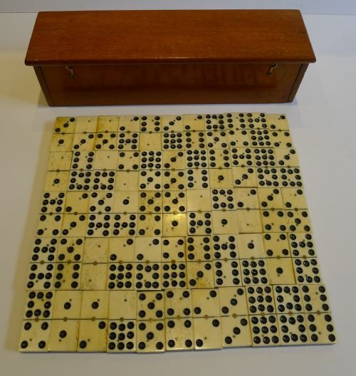 fig 1. Antique English Boxed Set Bone & Ebony Wood Double Nines Dominoes c.1890