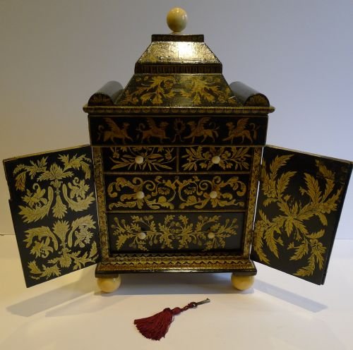 Magnificent English Regency Penwork & Ivory Table Cabinet C.1820
