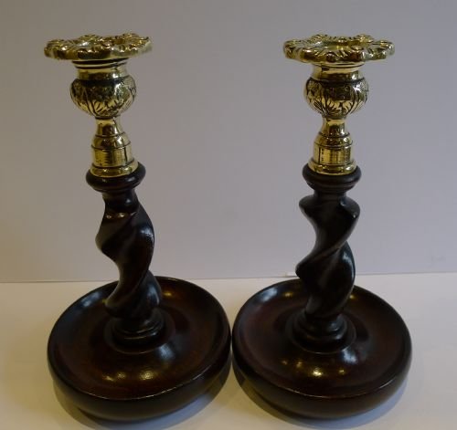Handsome Pair Solid Oak Barley Twist Candlesticks - Brass Thistle Tops